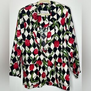 Anthony Sicari Black and White Checkerboard and Floral Patterned Blazer